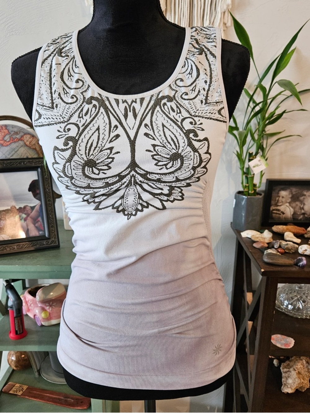 Athleta Gray and Pink Compression Tank Top with Charcoal Paisley Graphic